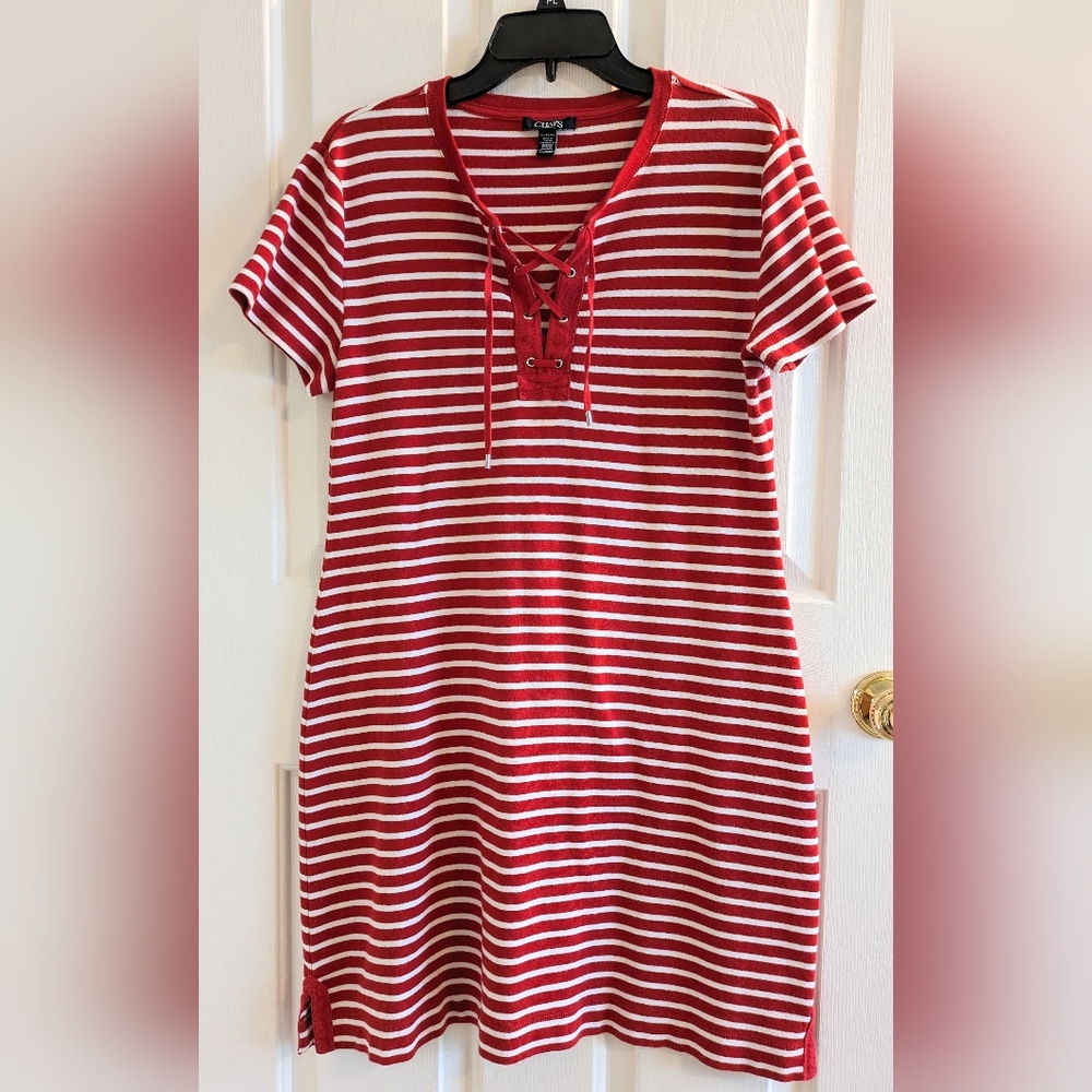 Chaps red & white strip dress with a lace  neckline women's XL, 100% cot…